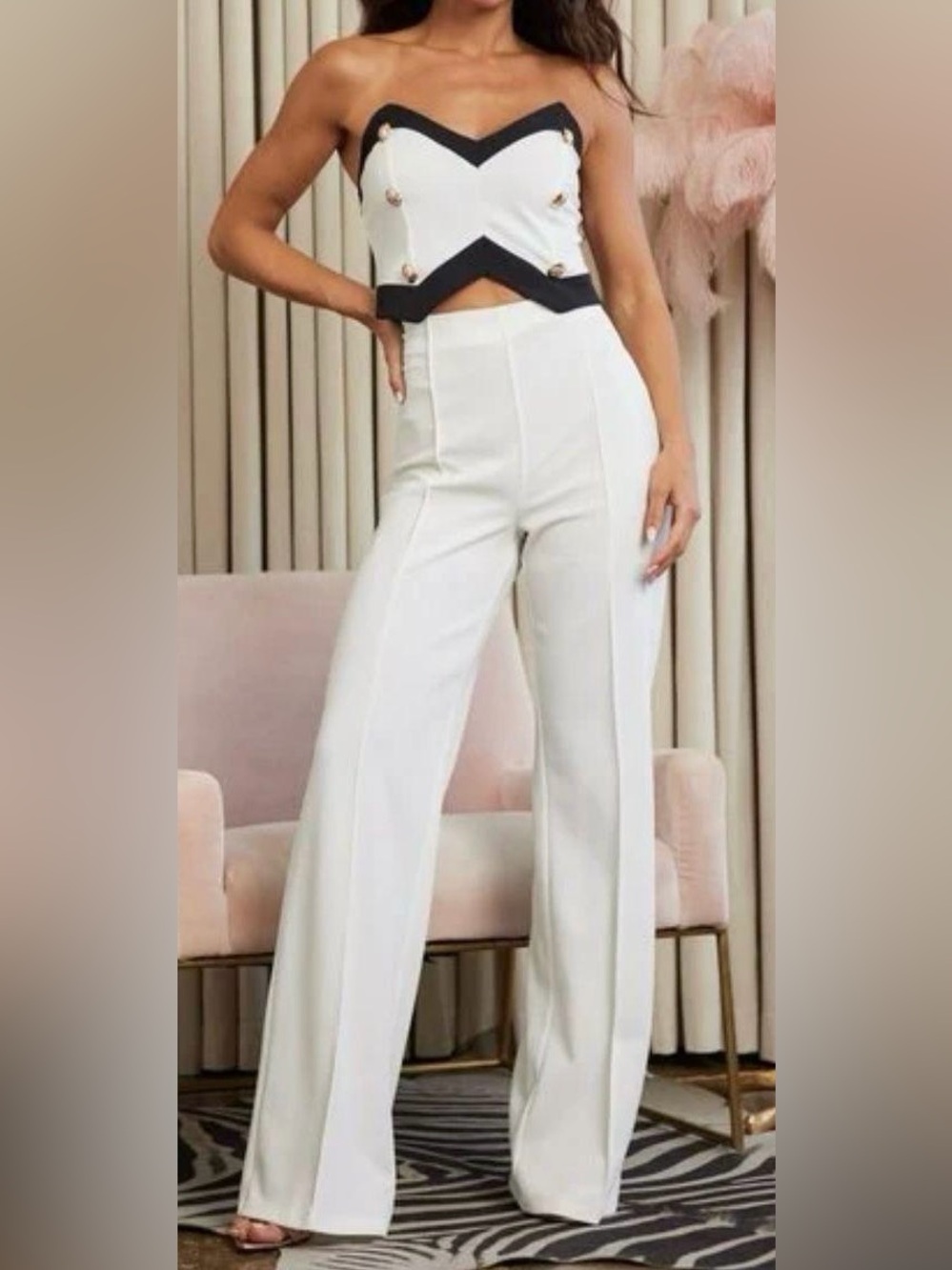 White High-Waist Wide-Leg Pants with Black-Trim Crop Top